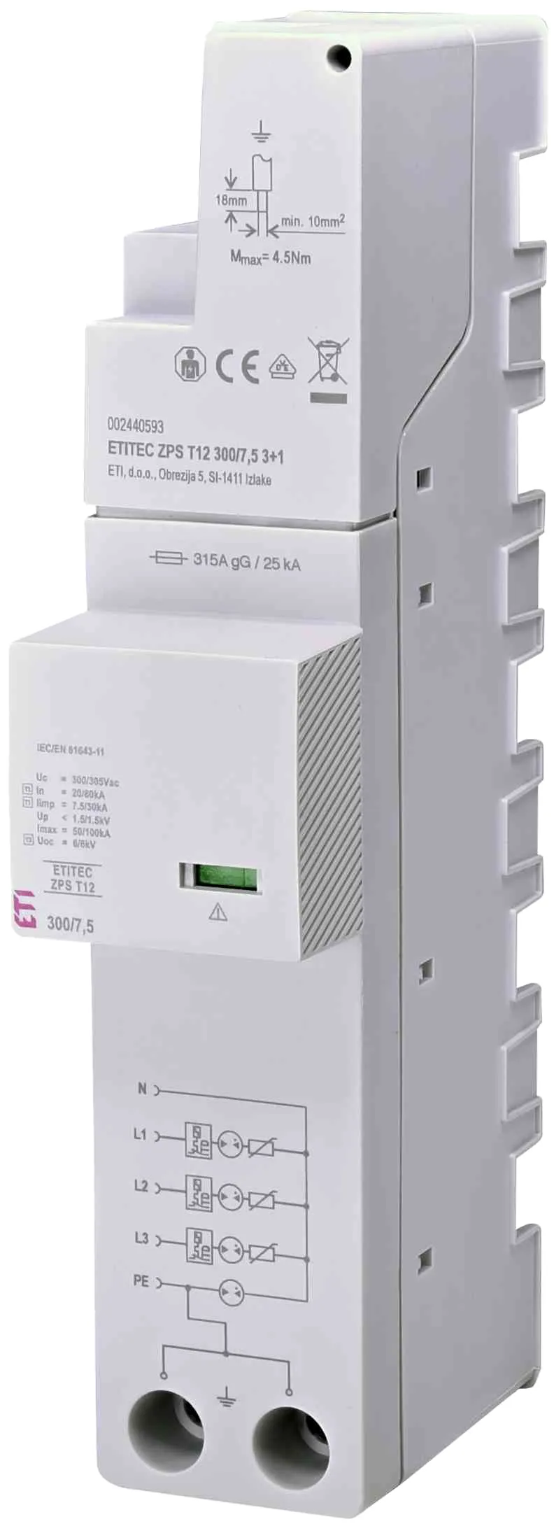 Pārsprieguma ierobežotājs ETITEC ZPS T12 300/12,5 3+1 RC 002440595